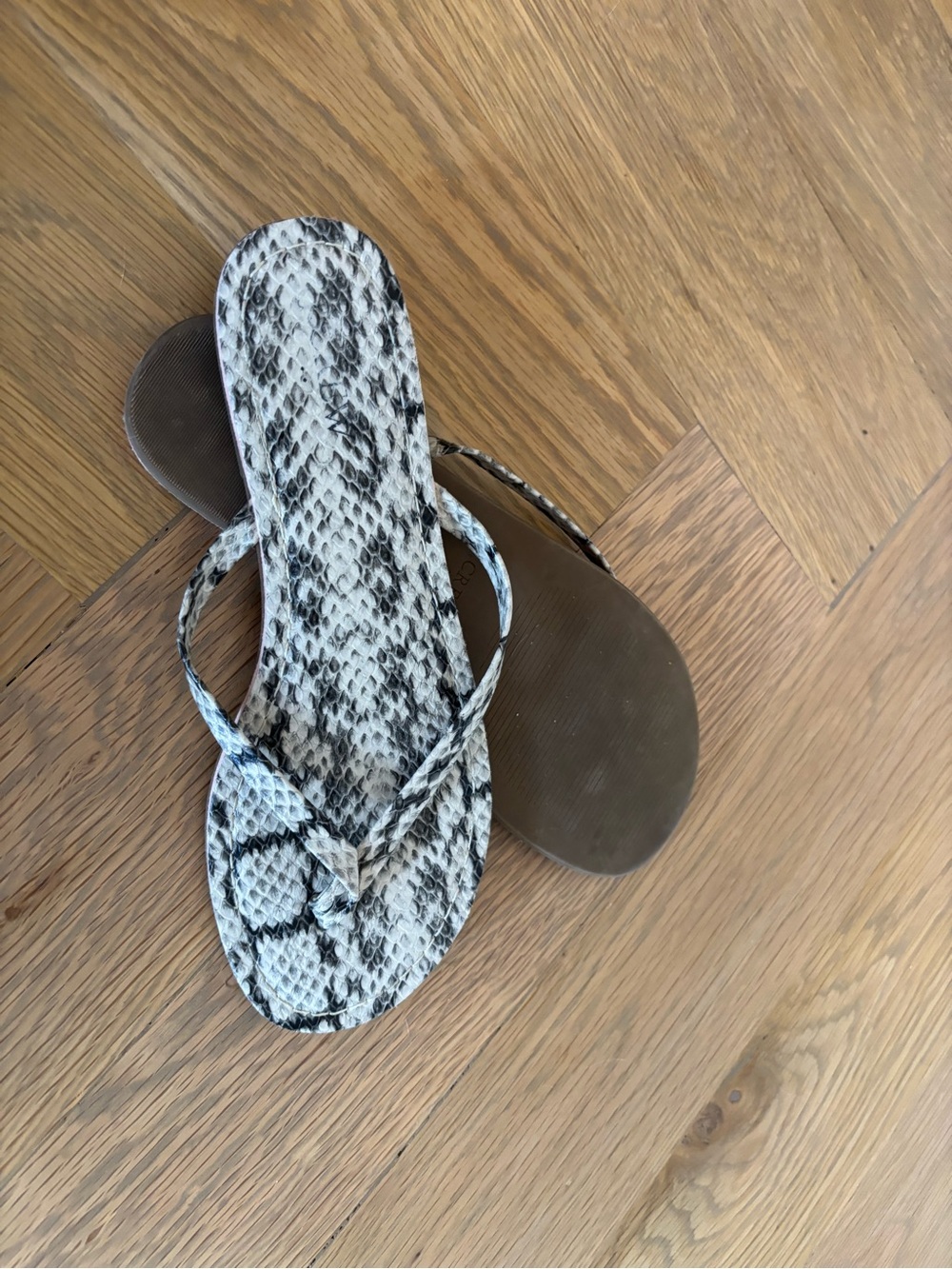 J. Crew. Women’s Snake-Print Flip Flop Sandals in Black & Cream